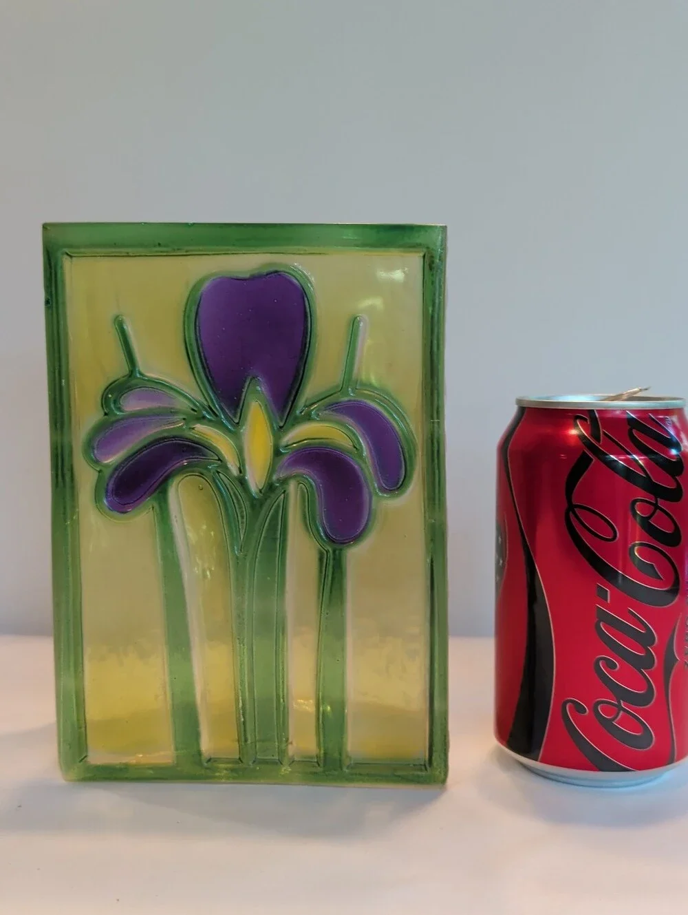 Vase Iris Embossed Stained Glass FTD Romania 1985  Rectangle Textured Vintage